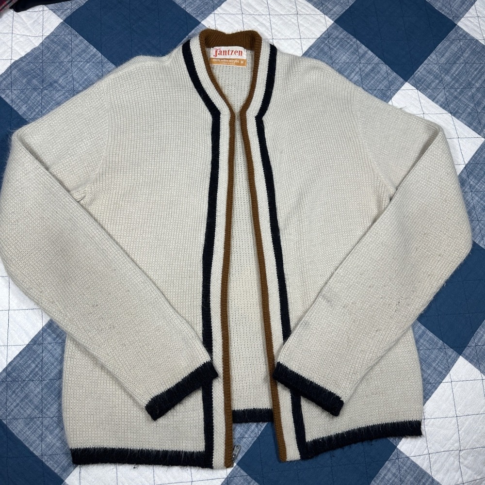 Vintage Jantzen Mens Full Zip Cardigan Sweater Cream Striped Orion Acrylic M - Picture 3 of 6